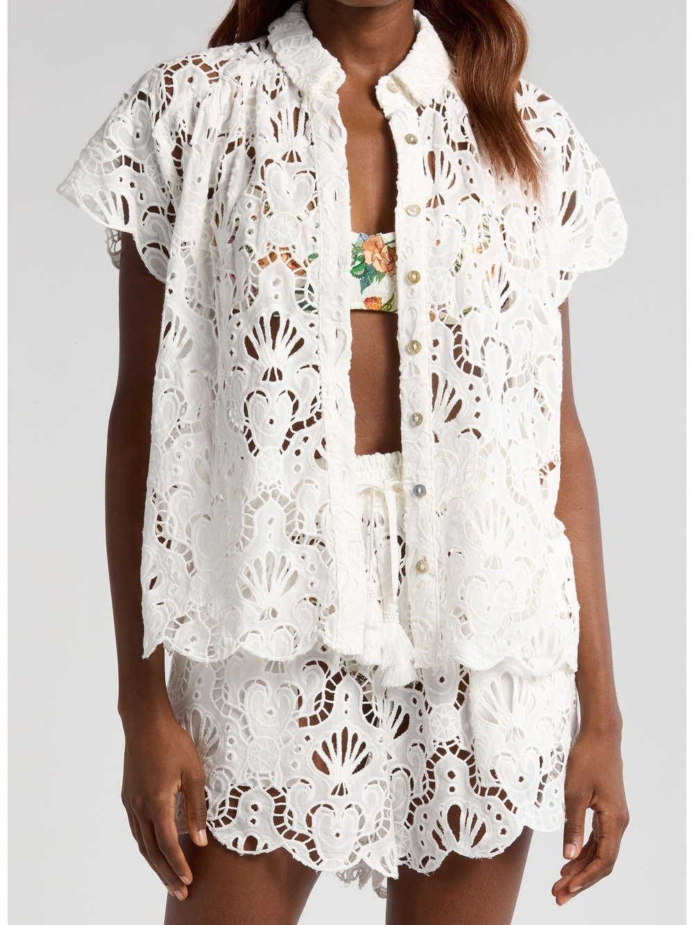 FARM Rio Seashell Embroidered Eyelet Cotton Button-Up Shirt